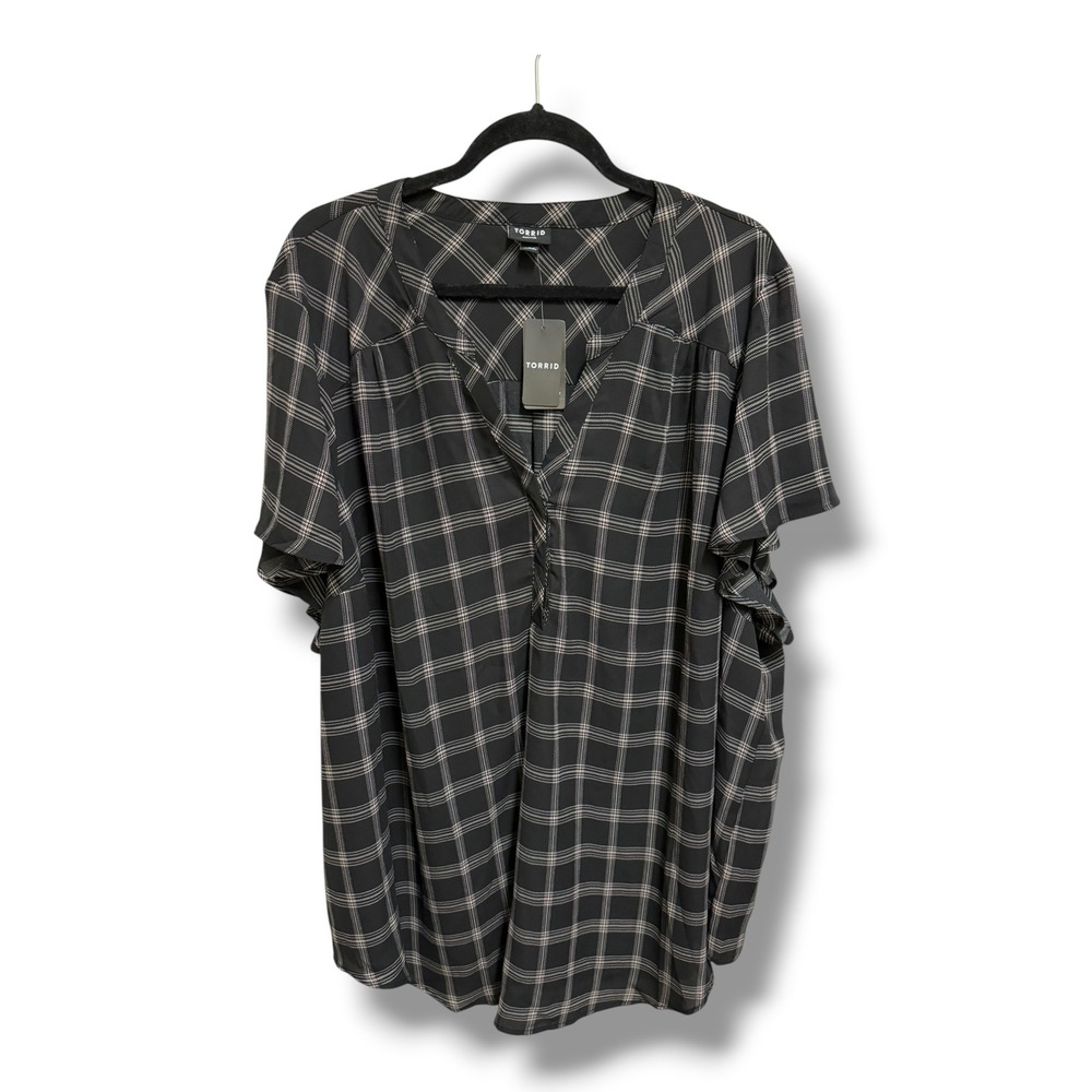 Torrid Harper Black White Plaid Georgette Flutter Sleeve Blouse Size 4 4X NWT - Picture 5 of 10